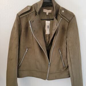 Anthropologie Philosophy Faux Suede Open Front Jacket Zip Pockets Olive Green Sm